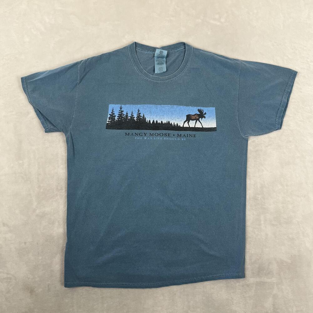 Vintage Mangy Moose Maine T-Shirt Mens Large Blue Moose Graphic Nature Outdoor